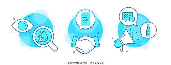 Water drop, Discounts and Beer bottle line icons set. Handshake deal, research and promotion complex icons. Checked file sign. Serum oil, Best offer, Craft beer. Correct document. Business set. Vector