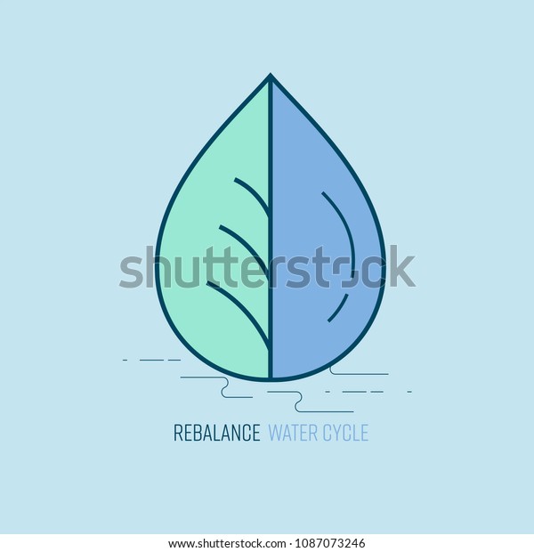 Water drop divided into 2 symmetric parts\
conceptually represent balancing. Left is a leaf, right is a drop,\
meaning to the water cycle. Rebalance water cycle concept. Vector\
illustration.