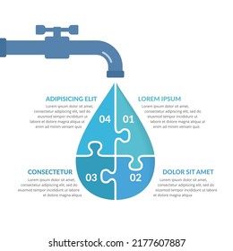 Water drop divided on four puzzle pieces with numbers and text, water infographics, vector eps10 illustration