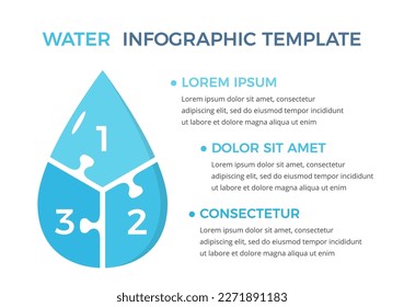 Caída de agua dividida en tres elementos como piezas de rompecabezas, plantilla infográfica de agua, ilustración de vector eps10