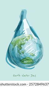 Water Drop Droplet World Earth Globe. A conceptual illustration of a water or rain drop droplet with a world earth globe inside