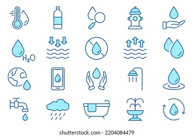 Water Drop Ecology Liquid Line Icon Set. Drink Clean Water Linear Pictogram. Faucet, Tap, Fountain, Soda, Rain, Shower, Bath Purity Aqua Outline Symbol. Editable Stroke. Isolated Vector Illustration.