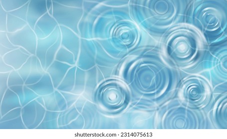 Water drop effect. Rain puddle surface. Wave pattern. Blue pool or shower elements. Aqua concentric circles. Liquid splashes. Transparent rainy day. Vector exact texture background
