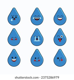 Water drop emoticon icon set. Emoji faces collection. Emoji flat style. Happy and sad emoji. Line smiling water grain face - stock vector.