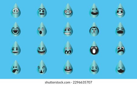 Water drop emoticons with different emotions and facial expressions on blue background