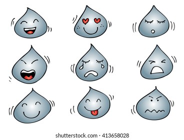 Water drop emoticons. Hand drawing illustration.