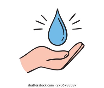 water drop and empty open palm or hand. Eco, ecology care, save the planet doodle hand drawn icon. colorful cartoon line drawing clipart symbol. Vector illustration