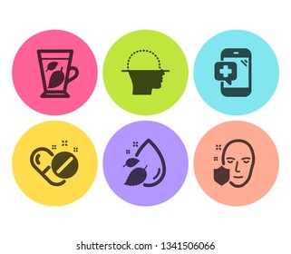Water drop, Face scanning and Mint leaves icons simple set. Medical phone, Medical pills and Face protection signs. Serum oil, Faces detection. Healthcare set. Flat water drop icon. Circle button