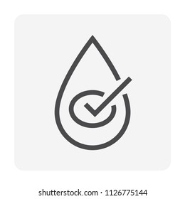 Water drop, fall or droplet vector icon. Consist of simple abstract shape, tick, check, mark sign. Concept for quality, ok, pure, nature, natural, clean, pure, purified, purification and treatment.