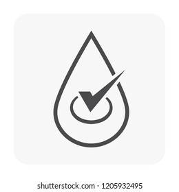 Water drop, fall or droplet vector icon. Consist of simple abstract shape, tick, check, mark sign. Concept for quality, ok, pure, nature, natural, clean, pure, purified, purification and treatment.