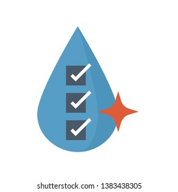 Water drop, fall or droplet vector icon. Consist of simple abstract shape, tick, check, mark sign. Concept for quality, ok, pure, nature, natural, clean, pure, purified, purification and treatment.