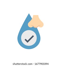 Water drop, fall or droplet vector icon. Consist of nose, simple abstract shape, tick, check, mark. Concept for quality, smell, odor, pure, nature, clean, pure, purified, purification and treatment.