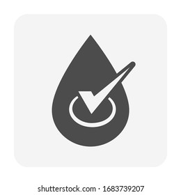 Water drop, fall or droplet vector icon. Consist of simple abstract shape, tick, check, mark sign. Concept for quality, ok, pure, nature, natural, clean, pure, purified, purification and treatment.