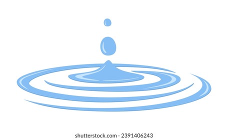 Water drop falling with circle splashes. Dripping water drop and Circle Ripples isolated on white background. Clean liquid falls in cartoon style, clip art. Vector illustration