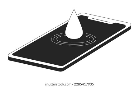 Water drop falling down on phone screen black and white concept vector spot illustration. Editable 2D flat monochrome cartoon object for web design. Waterproof line art idea for website, mobile, blog