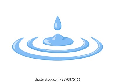Water drop falling, dripping with circle splashes, blue aqua rings, ripples on surface. Clean pure cool droplet. Fresh waterdrop falls. Flat vector illustration isolated on white background