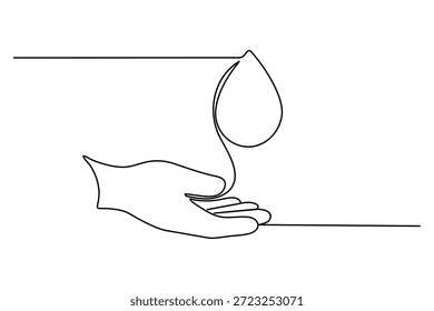 Gota de agua cayendo en la mano abierta una línea de arte ilustración mínima