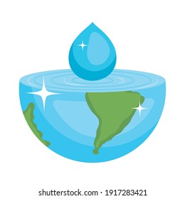 water drop falling on half earth planet over white background, colorful design, vector illustration