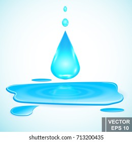 Water drop. It falls down. Puddle. Blue. Liquid. For your design.