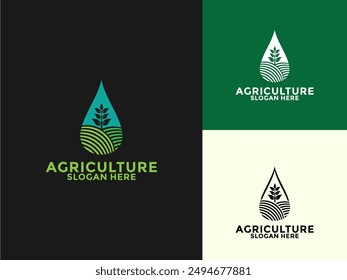 Water drop with field and Plant Vector logo design template for farming, agriculture, farm field, natural harvest, farmer and more
