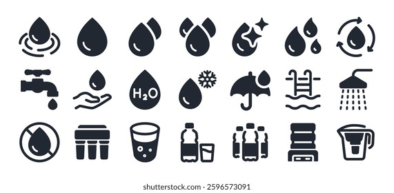 Water drop, filter, cooler, bottle solid icons set isolated on white background flat vector illustration