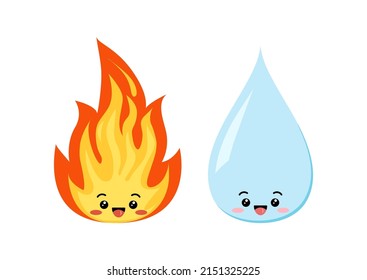 Water drop and fire flame cute emoji character isolated on a white background. Hot cartoon flame energy funny aqua emoticon sign with face. Flat design vector kawaii  illustration.