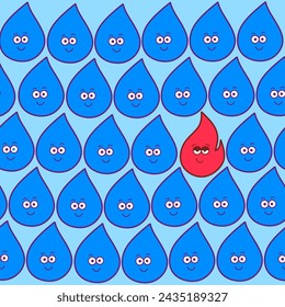 Water drop and fire flame cute emoji character. Hot cartoon flame energy funny aqua emoticon sign with face. Flat design vector kawaii  illustration. Sigma Fire Water