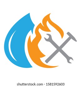 water drop and fire flame with hammer and wrench, vector