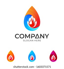Water drop fire logo design concept, abstract water and hot fire logo combination