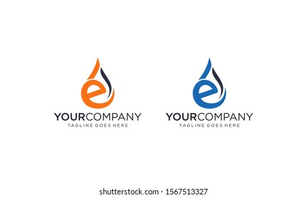 Water drop or fire on letter E logo designs