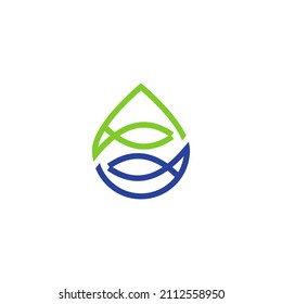 Water drop and fish logo concept vector stock illustration, line vector, nature logo, ecosystem icon. green, blue color