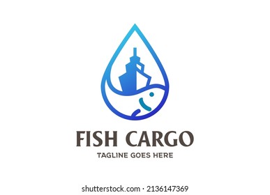 Water Drop with Fish and Ship Vessel for Fisherman Logo Design Vector