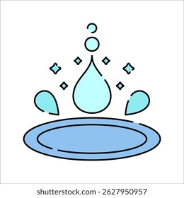 Water Drop Flat design style, large drop with splash elements symbolizing clean water and conservation, great for eco posters and awareness campaigns.