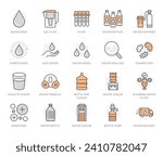 Water drop flat line icons set. Aqua filter, softener, ionization, disinfection, purification, glass, pump, drink vector illustrations. Thin signs for bottle delivery. Orange Color. Editable Strokes