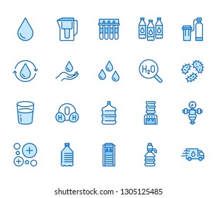 Iconos de línea plana de caída de agua. Filtro de agua, suavizante, ionización, desinfección, ilustraciones de vectores de vidrio. Señales delgadas para la entrega del frasco. Pixel perfecto 64x64. Trazos editables.