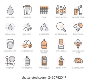 Water drop flat line icons set. Aqua filter, softener, ionization, disinfection, purification, glass, pump, drink vector illustrations. Thin signs for bottle delivery. Orange Color. Editable Strokes