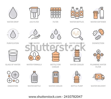 Water drop flat line icons set. Aqua filter, softener, ionization, disinfection, purification, glass, pump, drink vector illustrations. Thin signs for bottle delivery. Orange Color. Editable Strokes