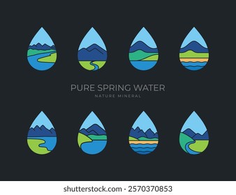 Water drop flat logo. Set of nature water drop icon, pure spring water sign symbol graphic vector illustration template