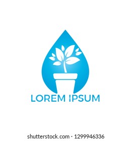 Water drop and Flower pot logo. Plant growth vector logo design.