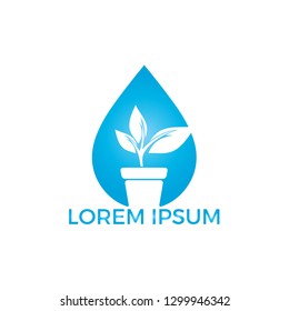 Water drop and Flower pot logo. Plant growth vector logo design.