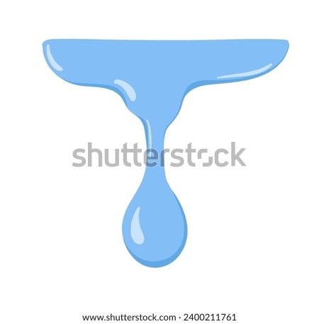 Water drop flowing, dripping down. Waterdrop falling. Blue clean liquid, fluid melting, leaking, running off. Pure clear aqua, design element. Flat vector illustration isolated on white background