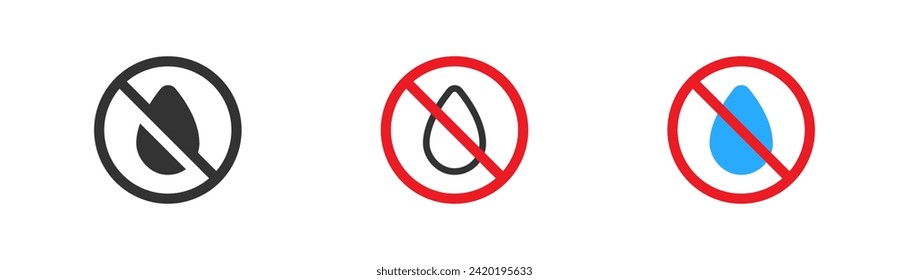 Water drop forbidden icon. Water resistance, keep dry symbol, no liquid. Line and flat vector illustration.