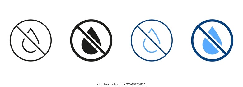 Water Drop Forbidden Silhouette and Line Icon Set. Liquids are Prohibited Black and Color Pictogram. Do Not Drink Water Symbol Collection. Isolated Vector Illustration.