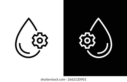 A water drop with gear, representing IoT-based water management systems in smart homes. Original vector icon set based on AI-generated concept, fully redrawn by hand using pen tool. 