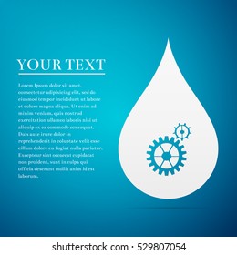 Water drop with gears. Abstract concept for ecology theme, green eco energy, technology and industry flat icon on blue background. Vector Illustration