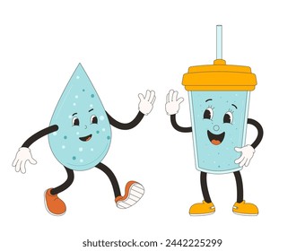 Water drop and glass retro cartoon mascots. Drink rubber hose animation style groovy characters. Drink more water. Ecologic and wellness vector flat illustration isolated on white background.