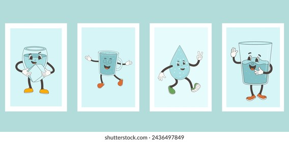 Water drop and glasses banner set . Posters with retro drop characters. World water day Ecology holiday banner with rubber hose mascot. Vector flat illustration.