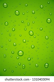 Water drop at green background. Droplet spray at glass. Aqua bubble wallpaper. Eps10 vector illustration.