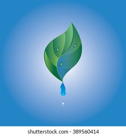 water drop green leaf blue background vector isolated abstract illustration