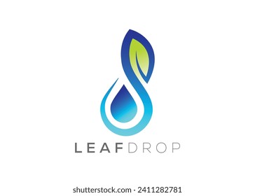 Planilla vectorial de diseño del logotipo de la hoja verde y la gota de agua. Logo del vector de caída de agua natural